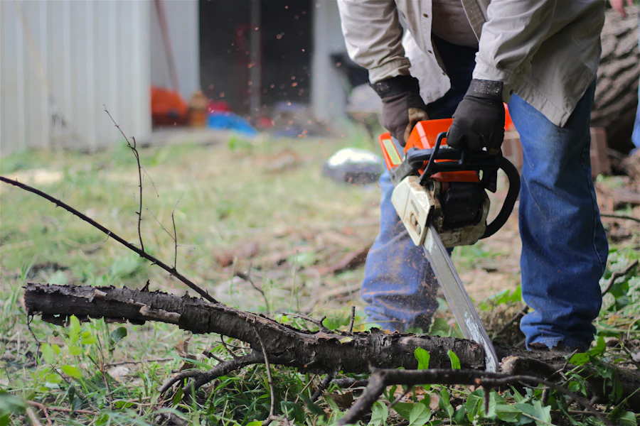Crew member cutting a tree section with a chainsaw